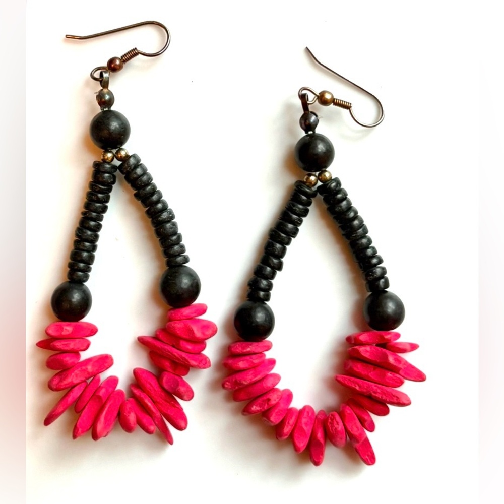 Vintage Red and Black Wood Beaded Earrings